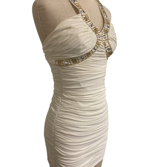 Hailey Logan By Adrianna Papell Ivory Ruched Mini Dress With Jeweled Halter Neck - Picture 2 of 10
